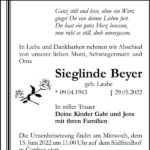 Traueranzeige Sieglinde Beyer, geb. Laube