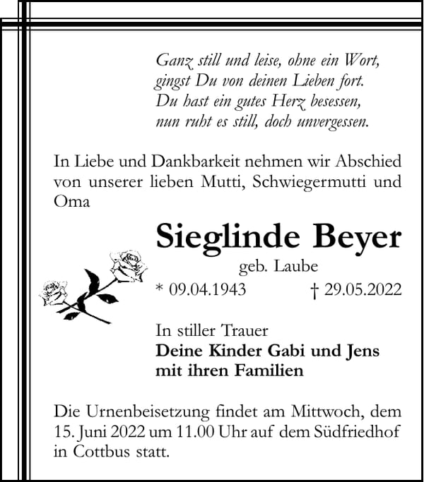 Traueranzeige Sieglinde Beyer, geb. Laube