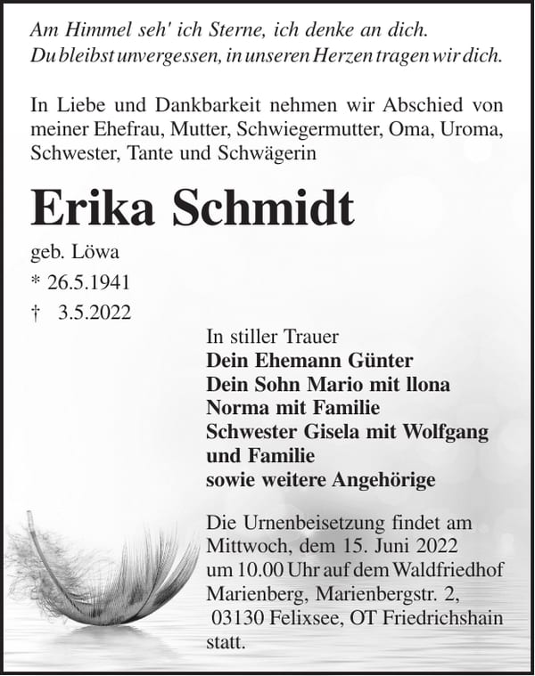 Traueranzeige Erika Schmidt, geb. Löwa