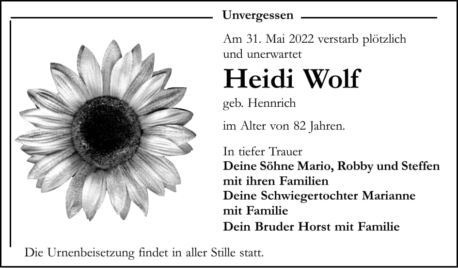 Traueranzeige Heidi Wolf, geb. Hennrich