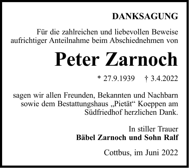 Danksagung Peter Zarnoch