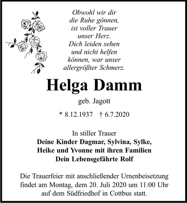 Traueranzeige Helga Damm, geb. Jagott