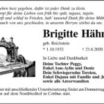 Traueranzeige Brigitte Hähnel, geb. Reichstein
