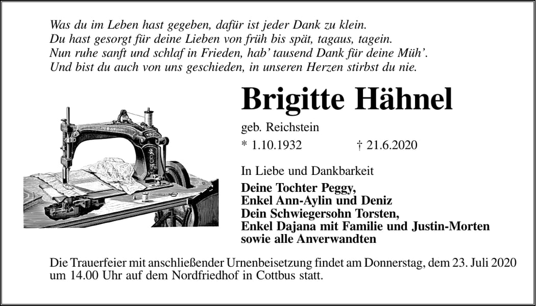 Traueranzeige Brigitte Hähnel, geb. Reichstein