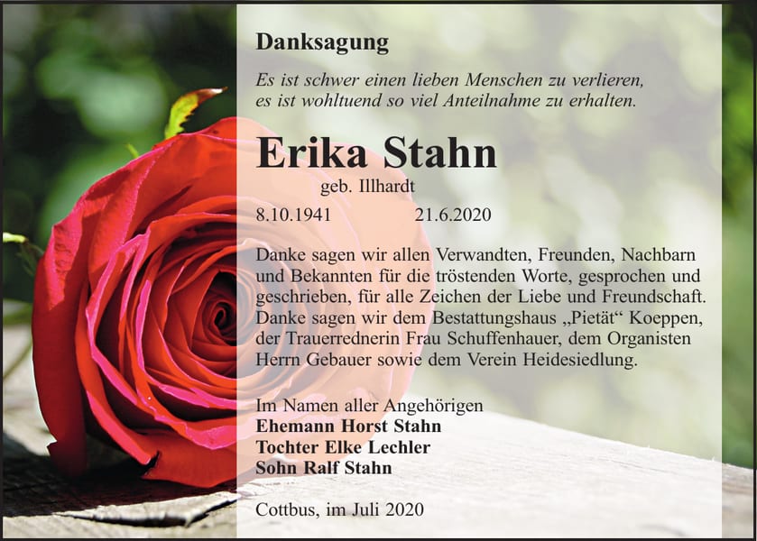Danksagung Erika Stahn, geb. Illhard