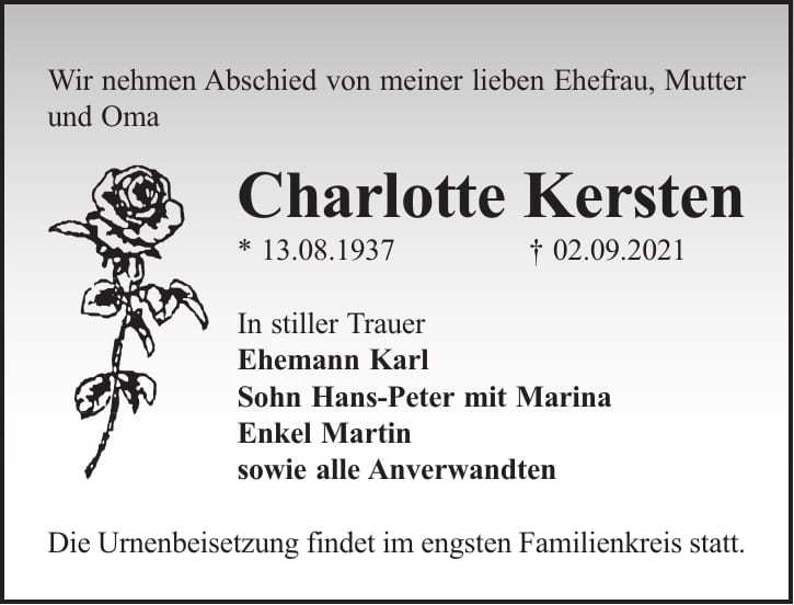 Traueranzeige Charlotte Kersten