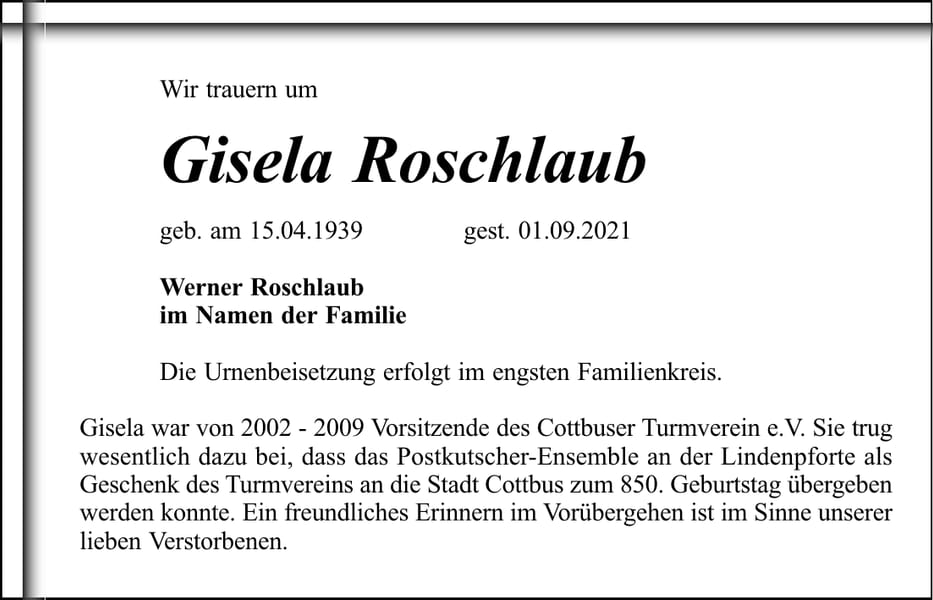 Traueranzeige Gisela Roschlaub