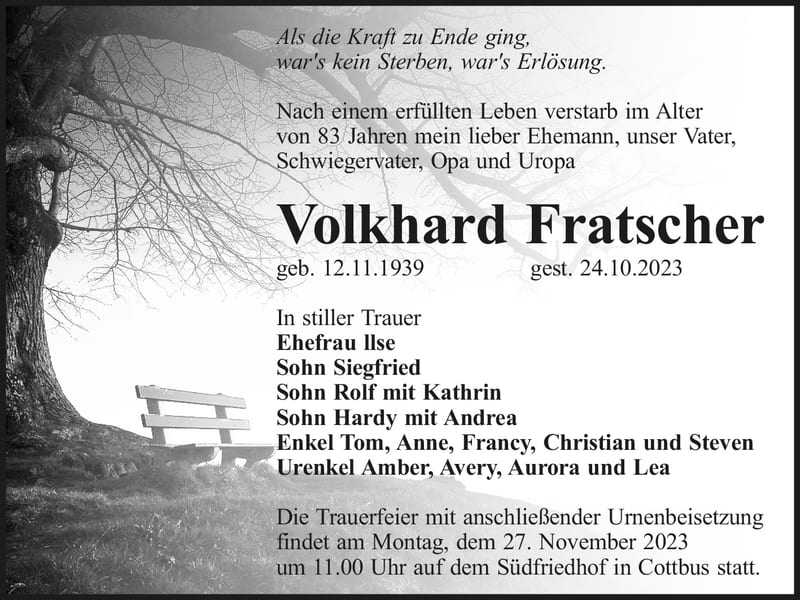 Traueranzeige Volkhard Fratscher