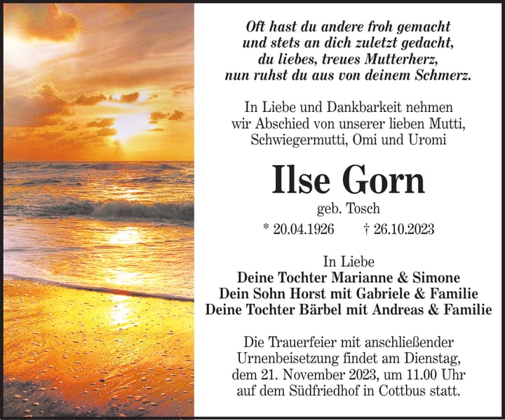 Traueranzeige Ilse Gorn, geb. Tosch