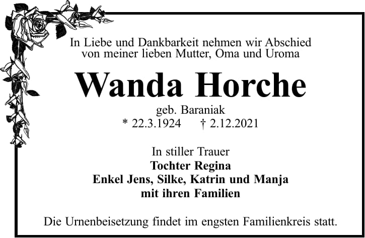 Traueranzeige Wanda Horche, geb. Baraniak