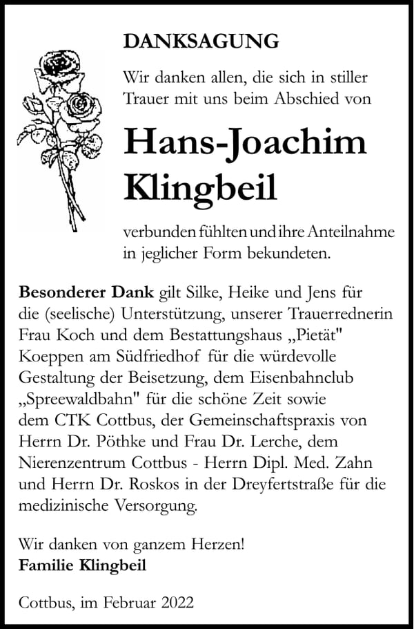 Danksagung Hans-Joachim Klingbeil