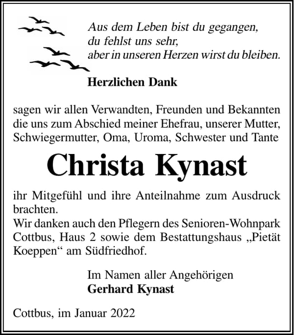 Danksagung Christa Kynast