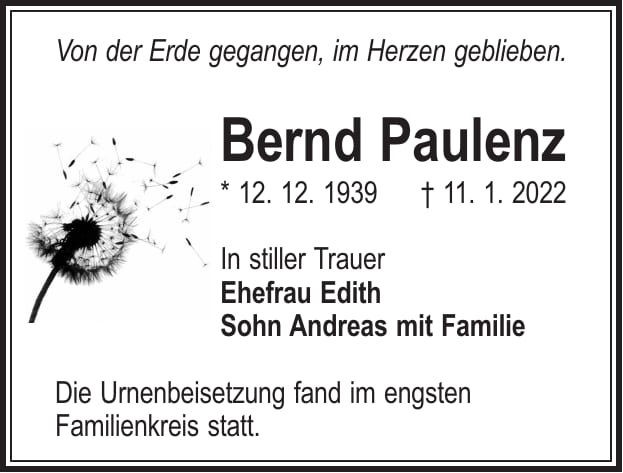 Traueranzeige Bernd Paulenz