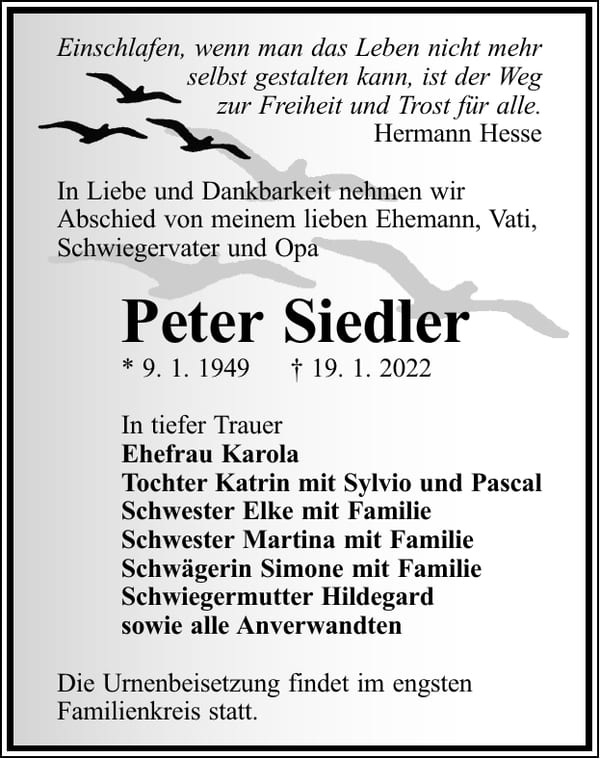Traueranzeige Peter Siedler