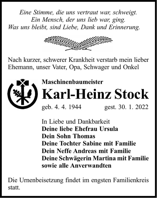 Traueranzeige Karl-Heinz Stock