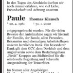 Danksagung Thomas „Paule“ Klausch