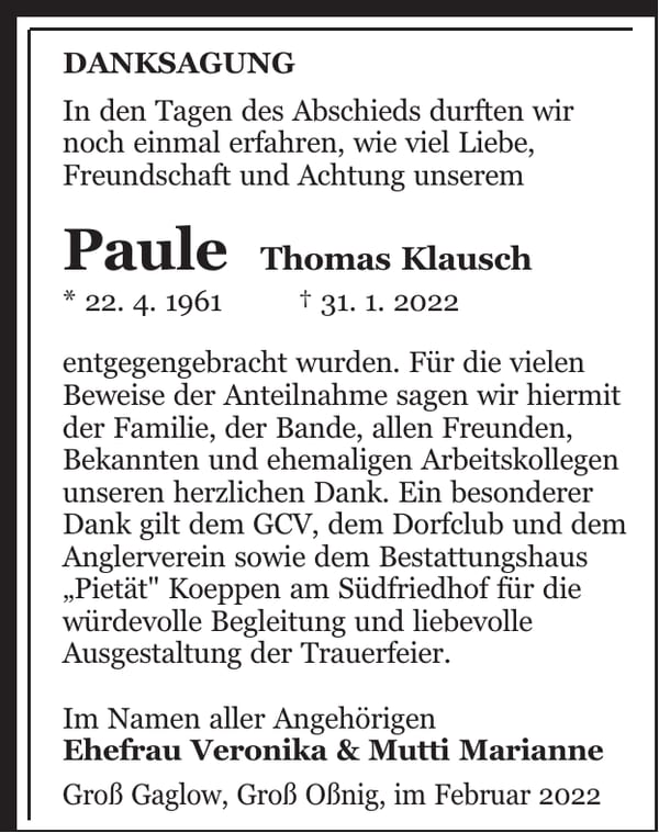Danksagung Thomas „Paule“ Klausch
