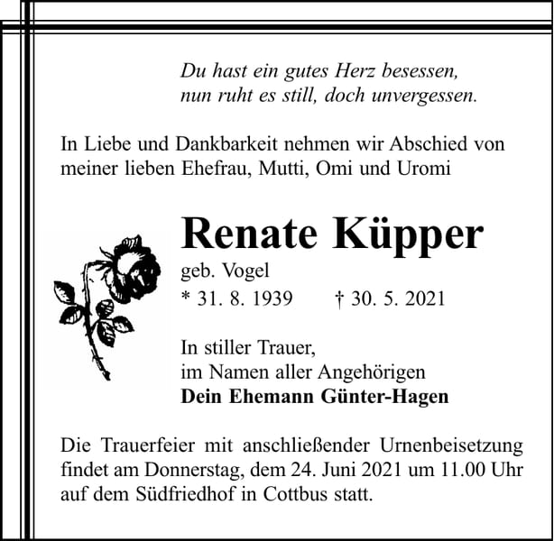 Traueranzeige Renate Küpper, geb. Vogel