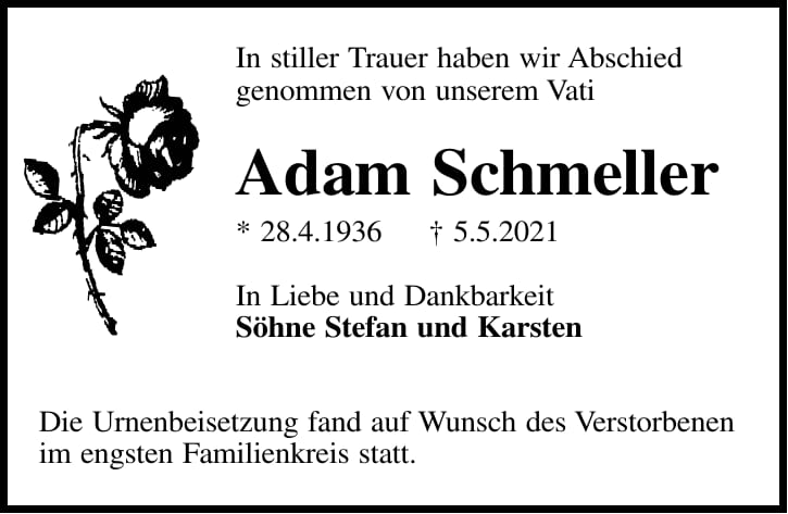 Traueranzeige Adam Schmeller