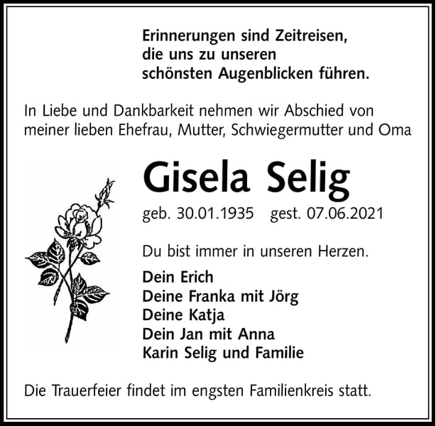 Traueranzeige Gisela Selig
