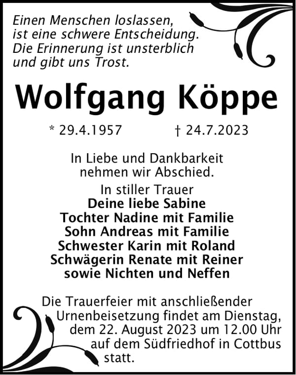 Traueranzeige Wolfgang Köppe