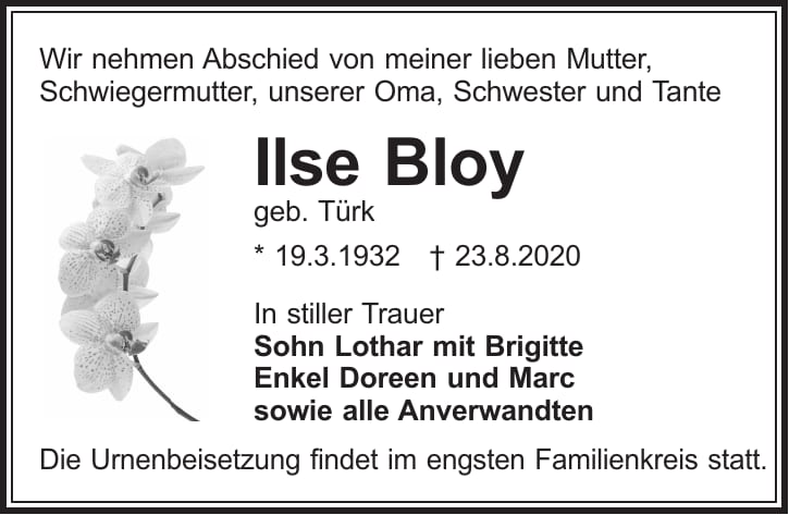 Traueranzeige Ilse Bloy, geb. Türk