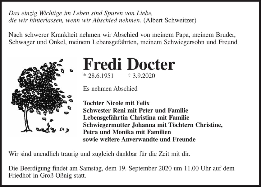 Traueranzeige Fredi Docter