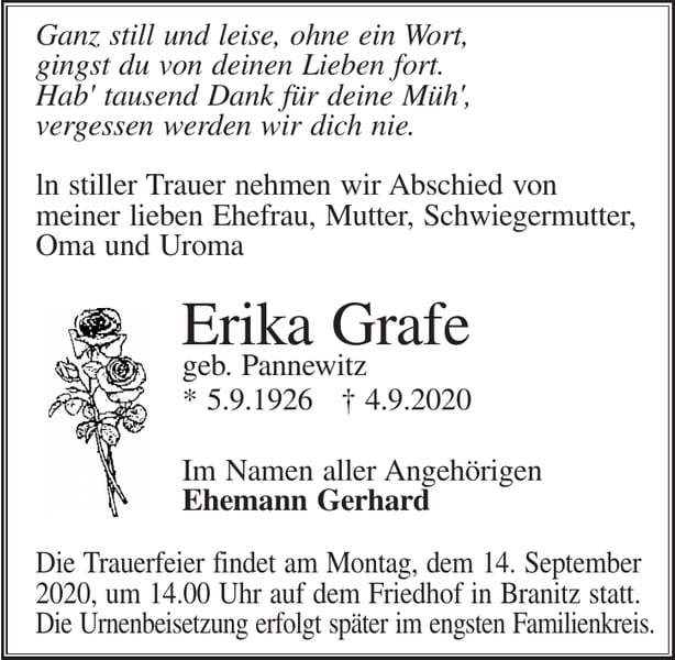 Traueranzeige Erika Grafe, geb. Pannewitz