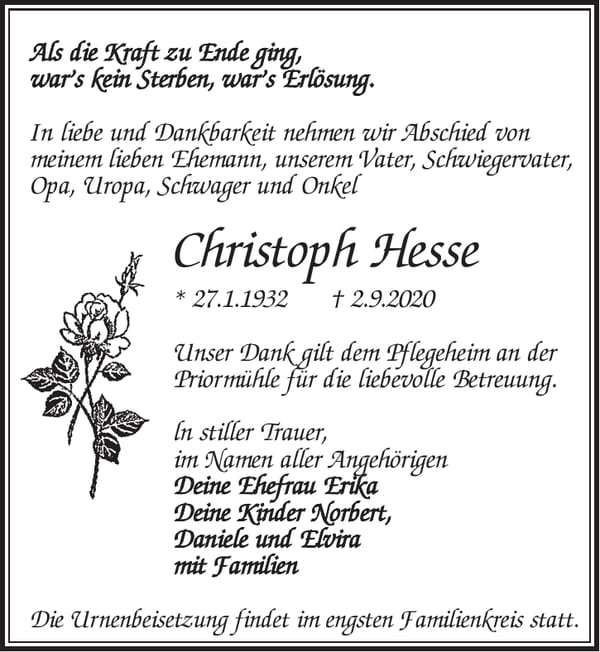 Traueranzeige Christoph Hesse