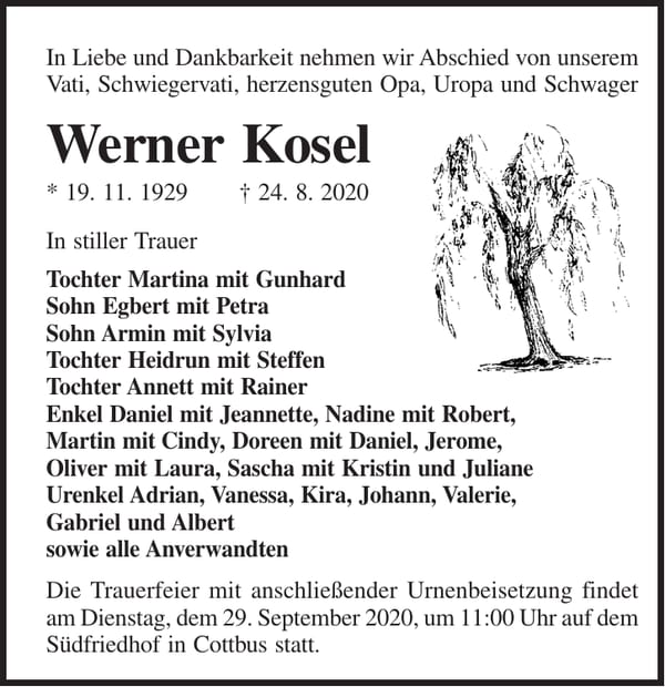 Traueranzeige Werner Kosel