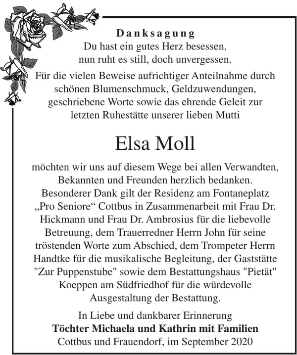 Traueranzeige Elsa Moll