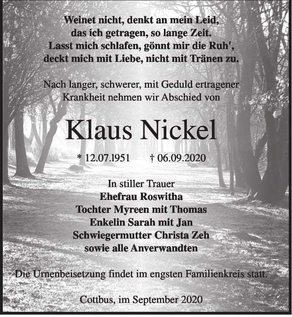 Traueranzeige Klaus Nickel