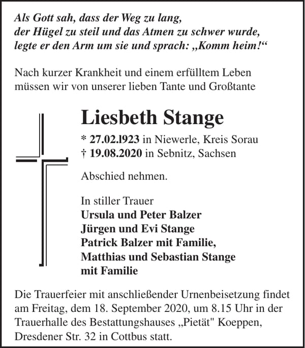 Traueranzeige Liesbeth Stange