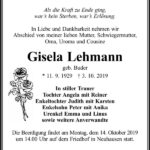 Traueranzeige Gisela Lehmann, geb. Buder