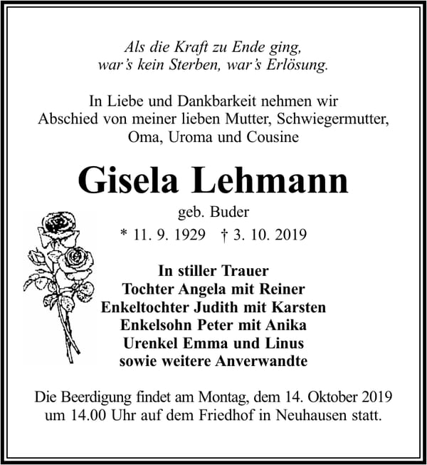 Traueranzeige Gisela Lehmann, geb. Buder