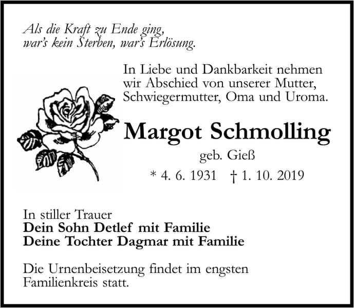 Traueranzeige Margot Schmolling, geb. Gieß