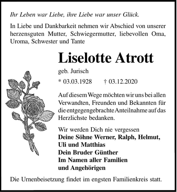 Danksagung Liselotte Atrott, geb. Jurisch