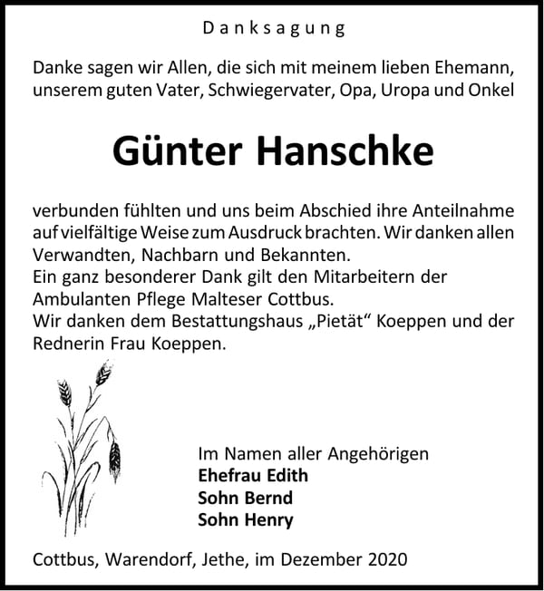 Danksagung Günter Hanschke