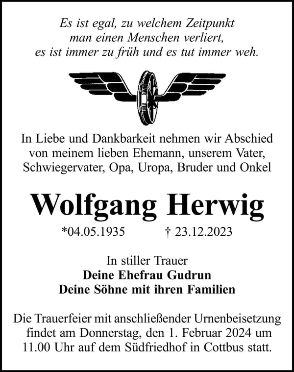 Traueranzeige Wolfgang Herwig