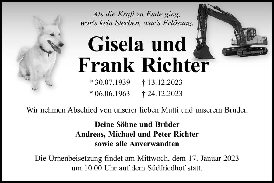 Traueranzeige Gisela Richter und Frank Richter