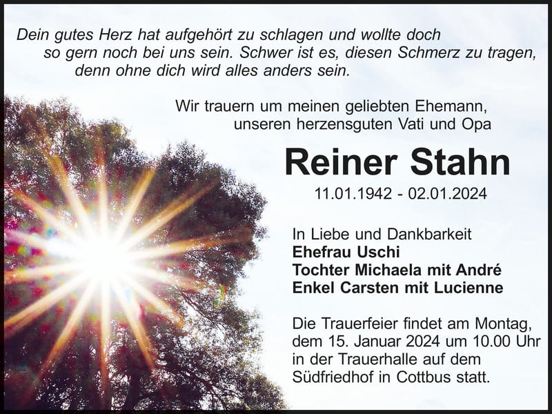 Traueranzeige Reiner Stahn