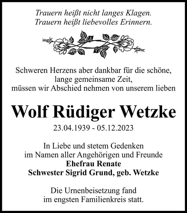 Traueranzeige Wolf Rüdiger Wetzke