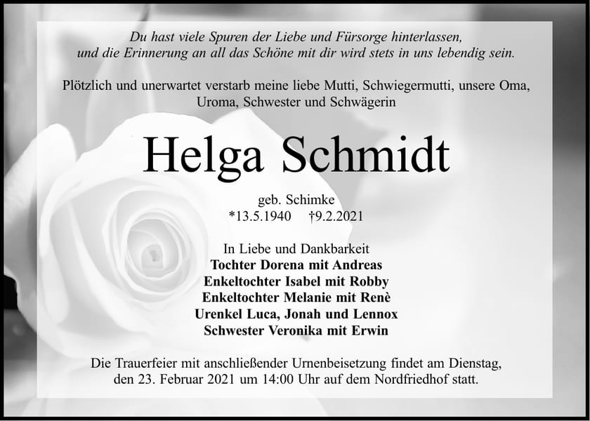 Traueranzeige Helga Schmidt, geb. Schimke