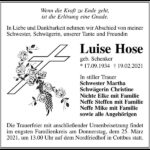Traueranzeige Luise Hose, geb. Schenker
