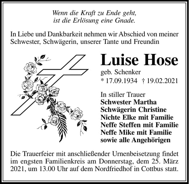 Traueranzeige Luise Hose, geb. Schenker