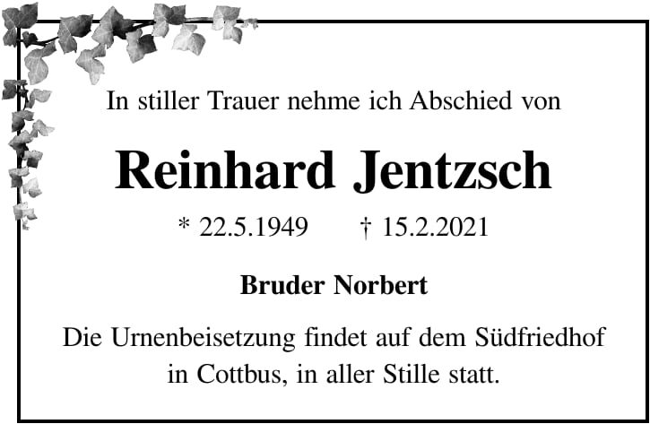 Traueranzeige Reinhard Jentzsch