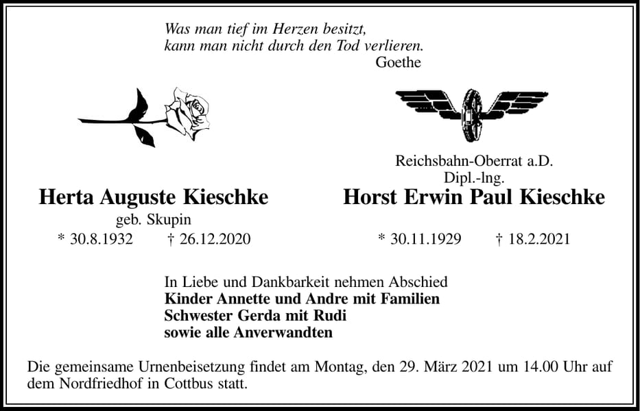 Traueranzeige Herta Auguste Kieschke, geb. Skupin und Horst Erwin Paul Kieschke