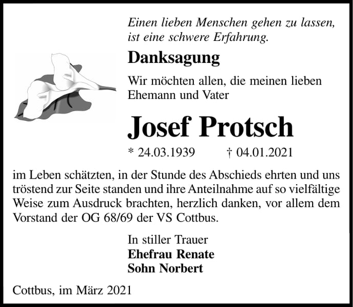 Danksagung Josef Protsch