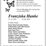 Traueranzeige Franziska Hanke