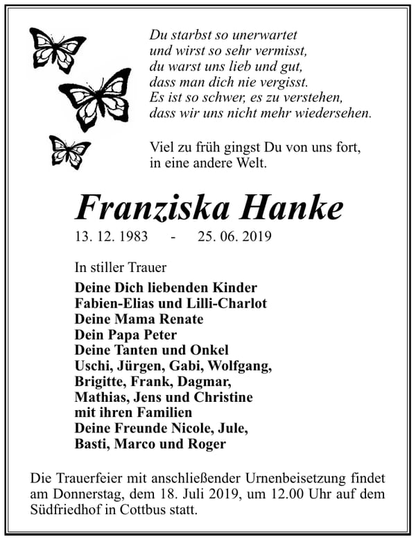 Traueranzeige Franziska Hanke